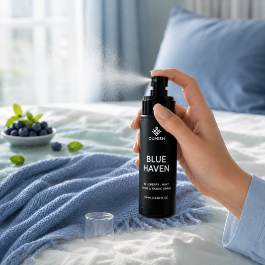 Blue Heaven blueberry and mint Home & Fabric Spray in action by Oumish