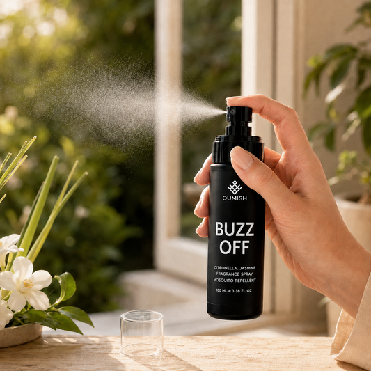 Buzz Off citronella and jasmine mosquito-repellent spray in action with white label text by Oumish