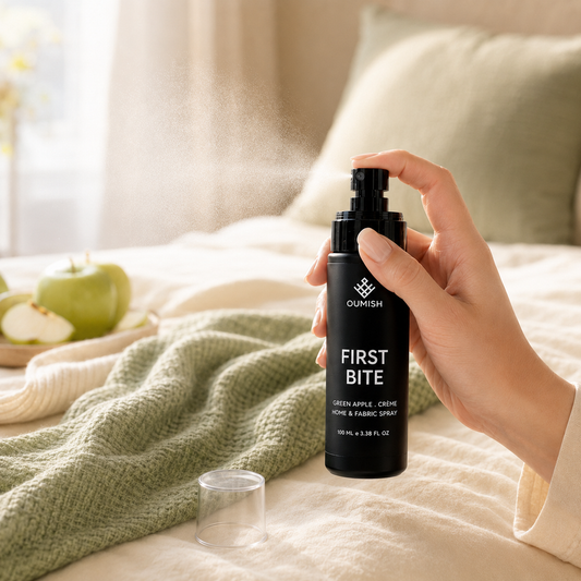 First Bite green apple and crème Home & Fabric Spray in action by Oumish