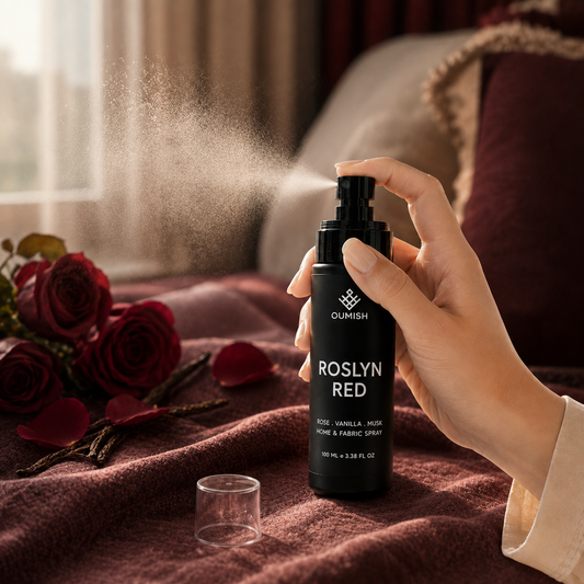 Roslyn Red rose, musk and vanilla Home & Fabric Spray in action by Oumish