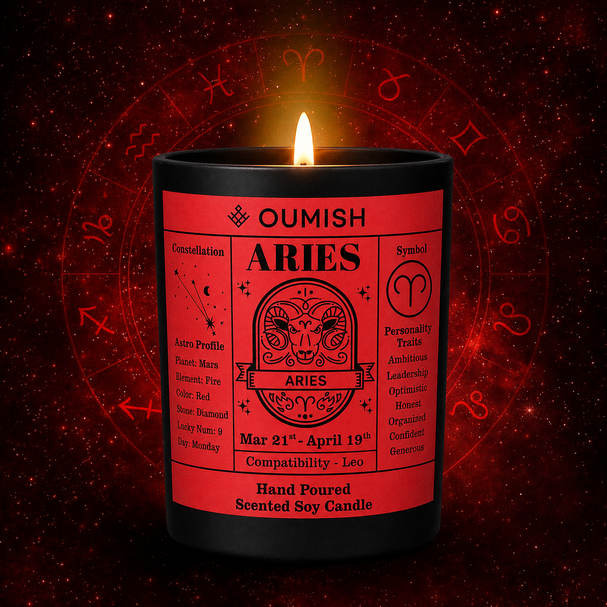 Aries Zodiac candle hero on original deep red cosmic background