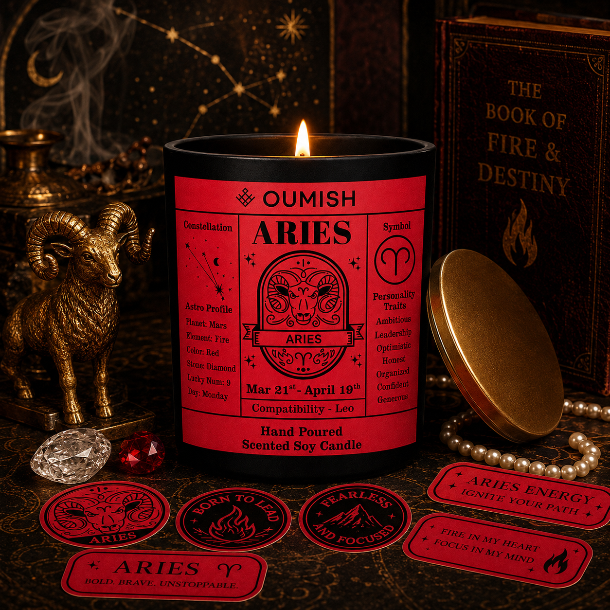Aries Zodiac candle ritual scene with ram and crystals