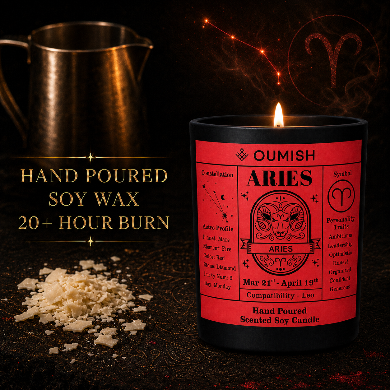 Aries candle hand-poured soy wax and 20+ hour burn