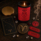 Aries Zodiac candle ritual flatlay