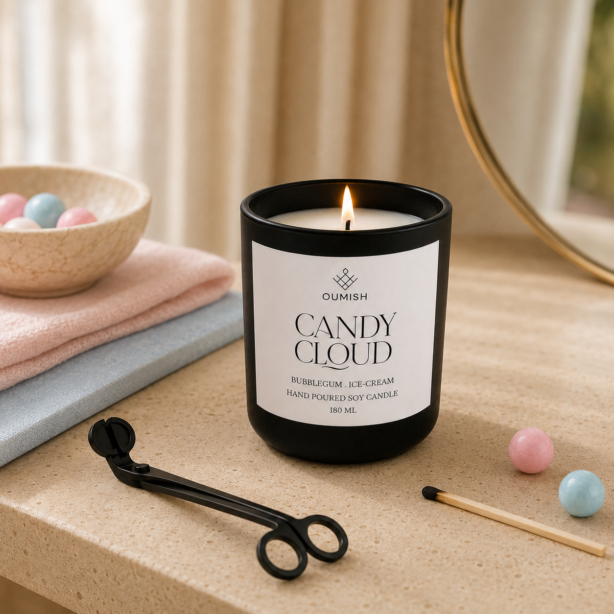 Candy Cloud candle ritual with wick trimmer and match candle care ritual