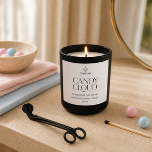 Candy Cloud candle ritual with wick trimmer and match