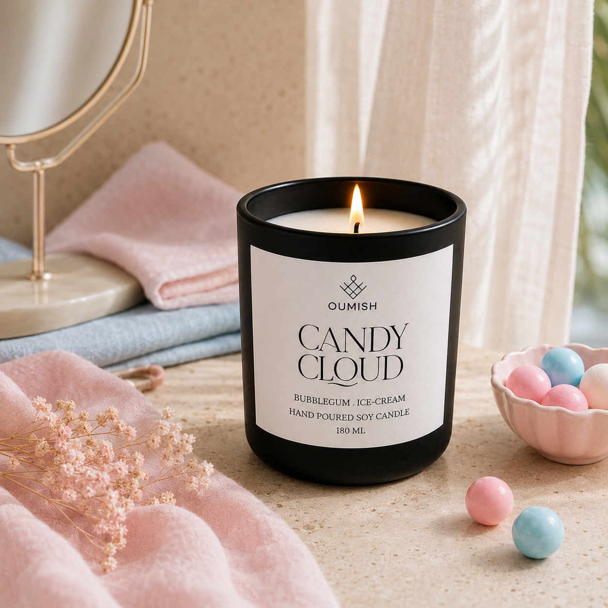 Lit Candy Cloud candle in a refined pastel self-care setting creating a warm mood