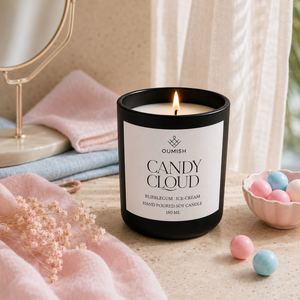 Lit Candy Cloud candle in a refined pastel self-care setting