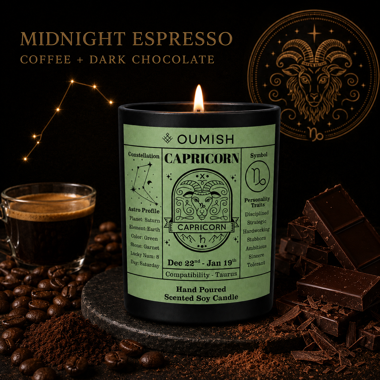 Capricorn Midnight Espresso fragrance story, coffee and dark chocolate