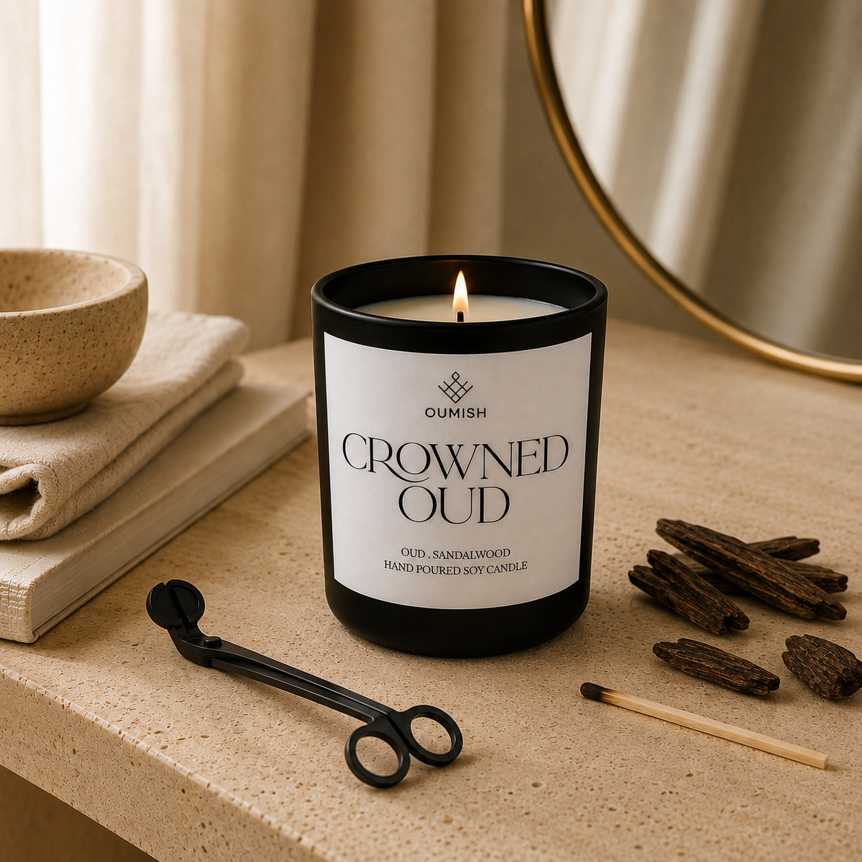 Crowned Oud candle ritual with wick trimmer and match candle care ritual