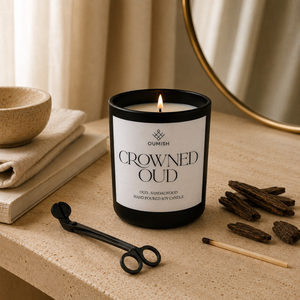 Crowned Oud candle ritual with wick trimmer and match
