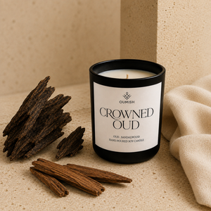 Crowned Oud candle with oud wood and sandalwood fragrance notes