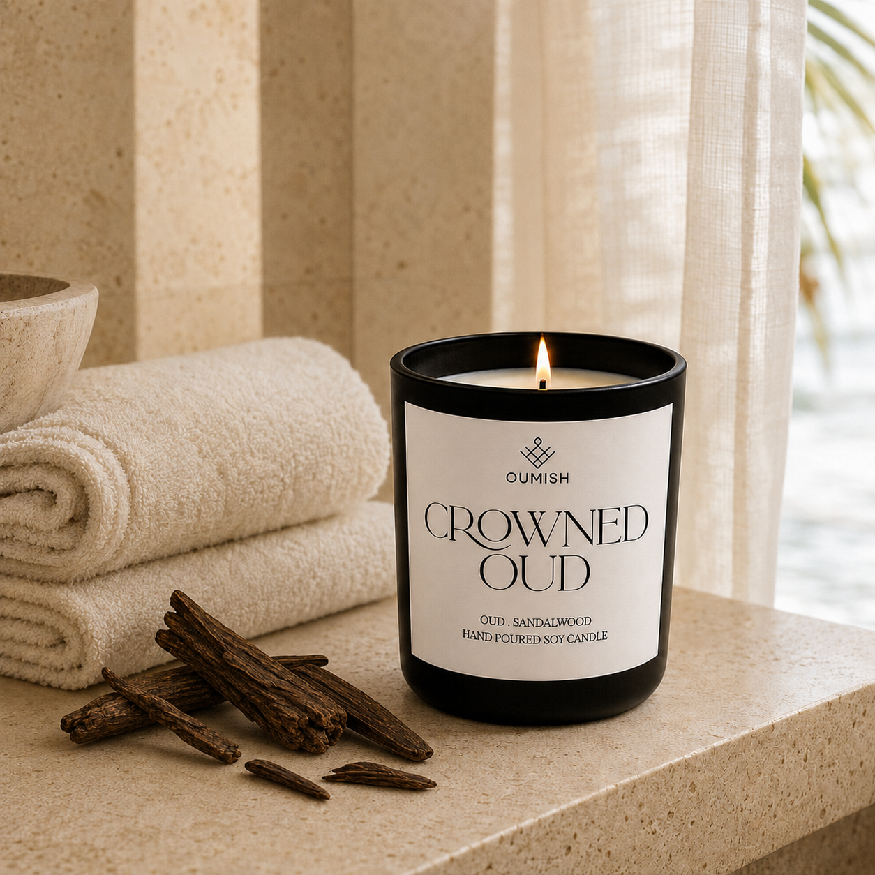 Lit Crowned Oud candle in a serene luxury setting creating a warm mood