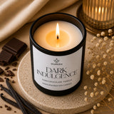 Lit Dark Indulgence candle with dark chocolate and vanilla