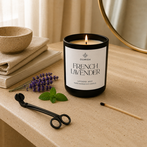 Lit French Lavender candle ritual with wick trimmer and match