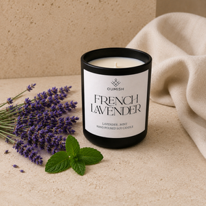 Unlit French Lavender candle with lavender and mint fragrance ingredients