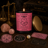 Libra Zodiac candle ritual scene with scales and rose quartz