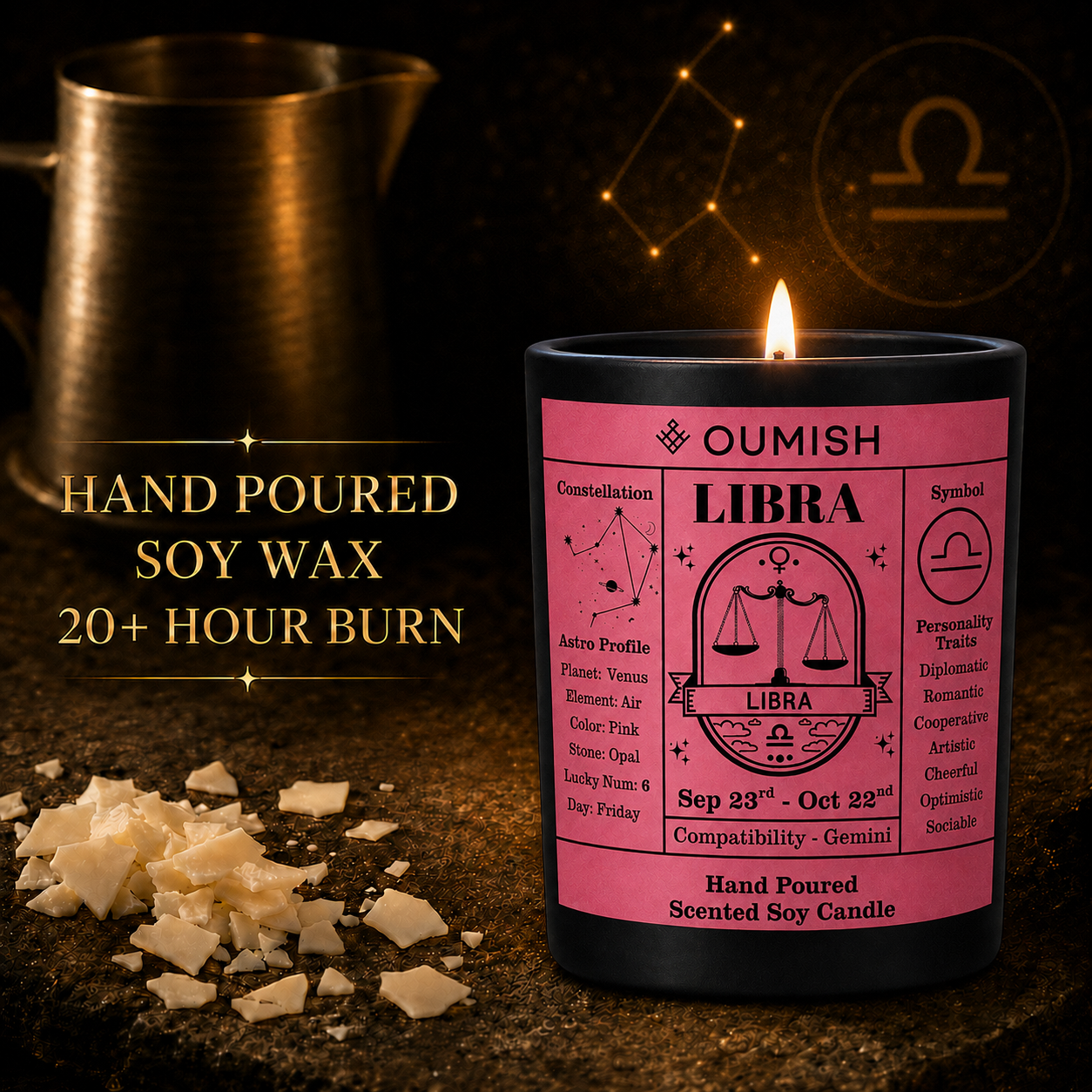 Libra candle hand-poured soy wax and 20+ hour burn