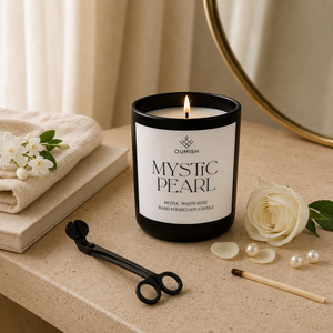 Mystic Pearl candle ritual with wick trimmer and match