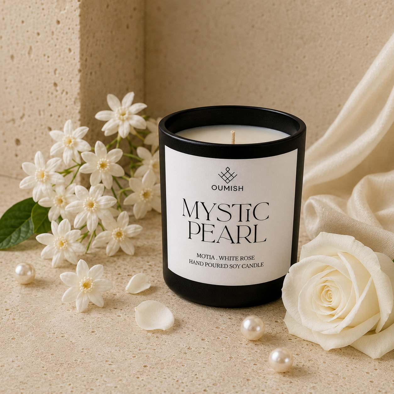 Mystic Pearl motia and white rose fragrance notes Signature Candle fragrance notes