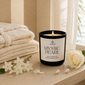 Lit Mystic Pearl candle in a serene luxury lifestyle setting