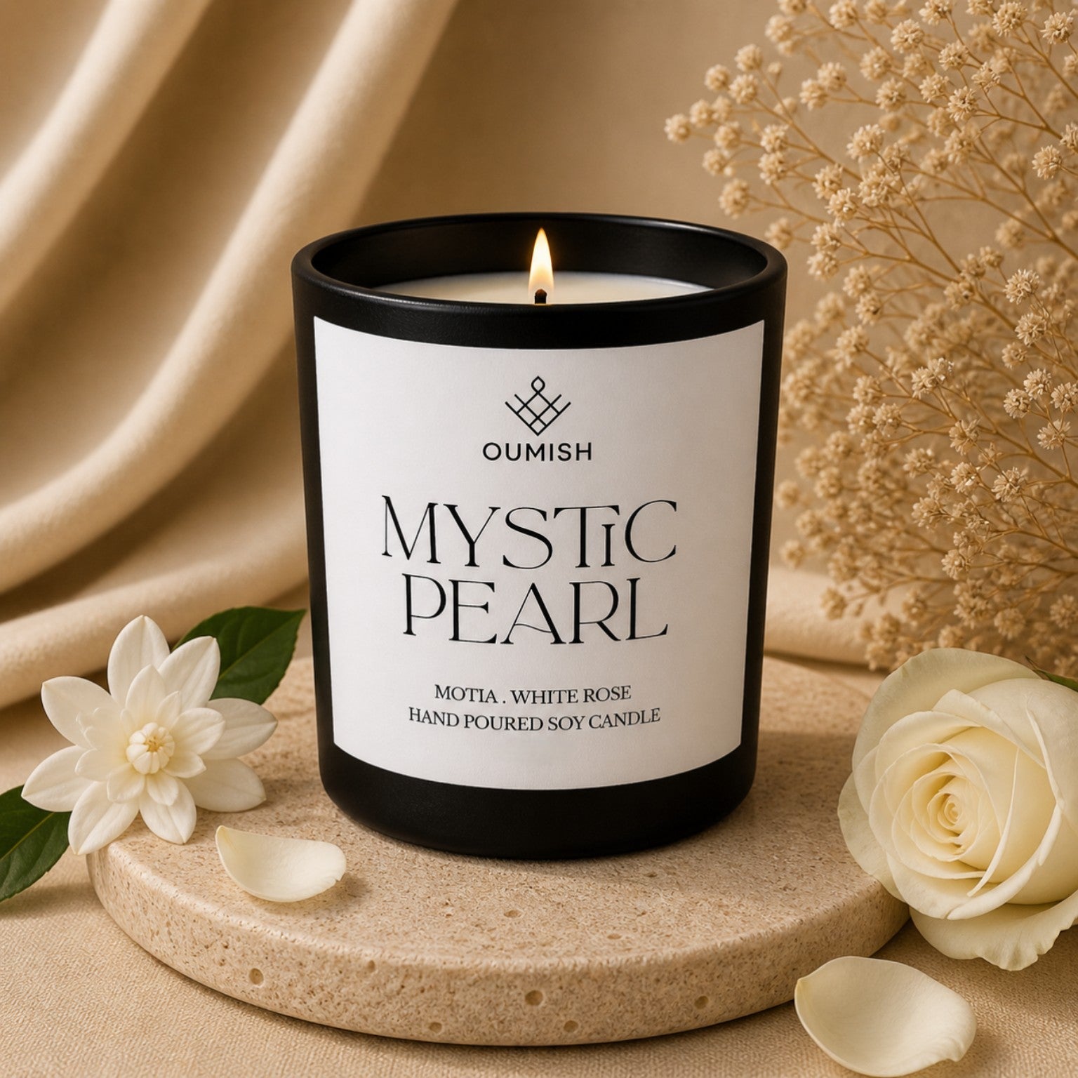 Mystic Pearl candle with motia and white rose