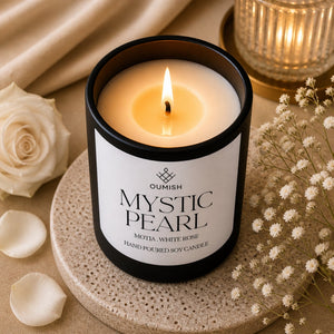 Mystic Pearl candle with motia and white rose