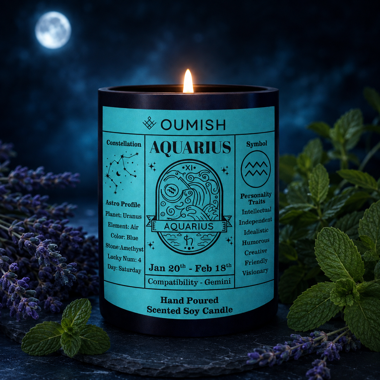 Aquarius candle with lavender and mint fragrance notes by Oumish