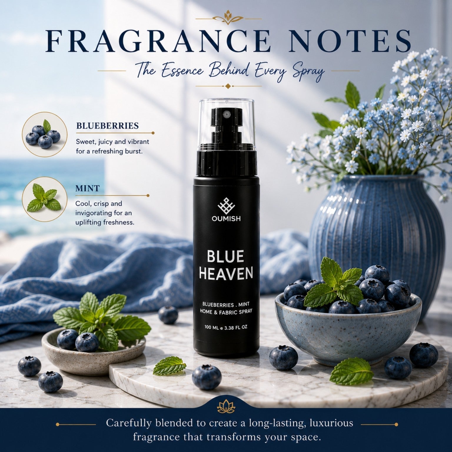 Blue Heaven blueberries and mint fragrance notes for Oumish Home & Fabric Spray fragrance notes