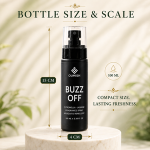 Buzz Off 100 ml mosquito-repellent Fragrance Spray bottle size: 15 cm height and 4 cm width