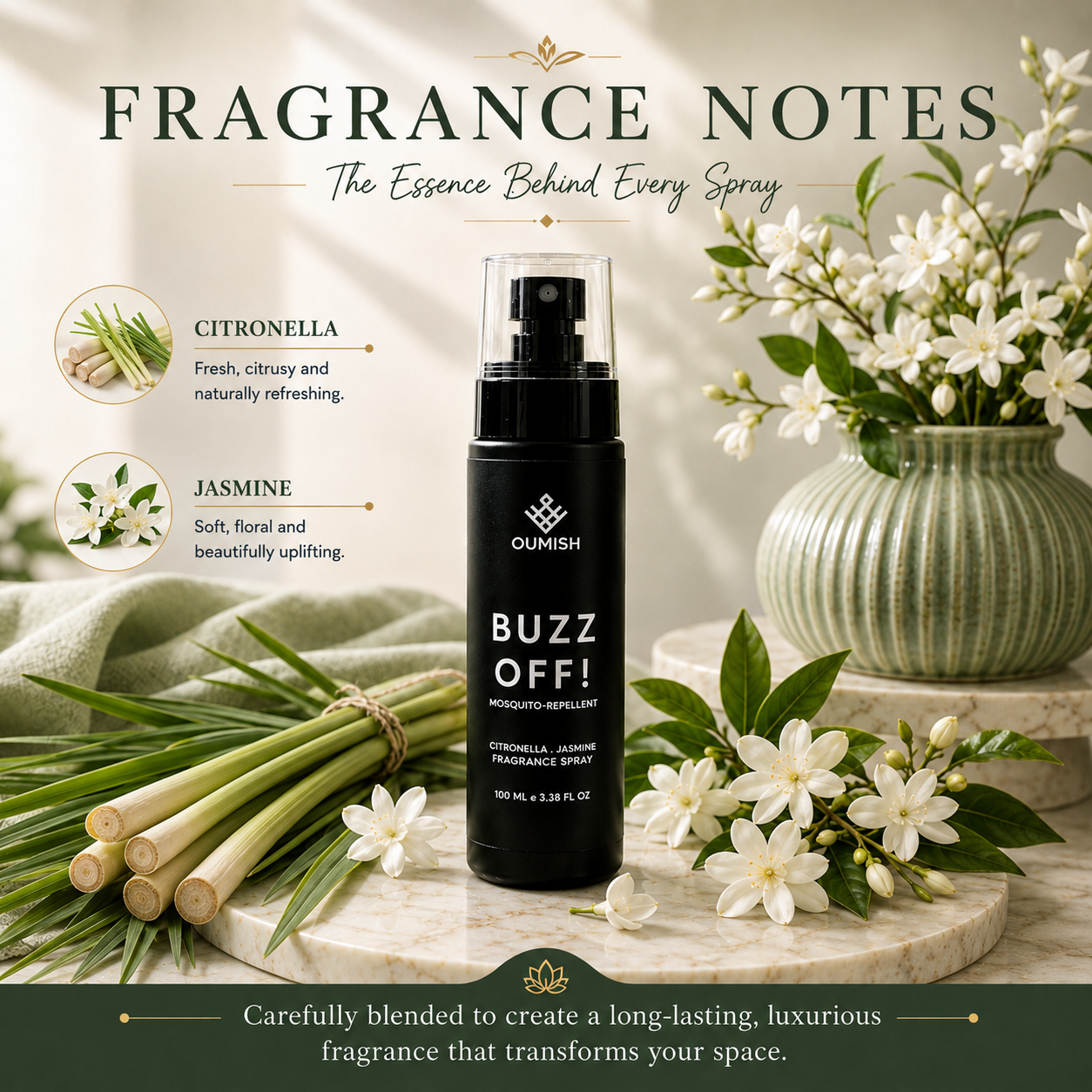 Buzz Off fragrance notes: citronella and jasmine mosquito-repellent fragrance spray by Oumish fragrance notes