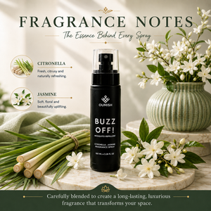 Buzz Off fragrance notes: citronella and jasmine mosquito-repellent fragrance spray by Oumish