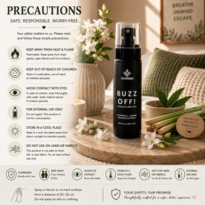 Buzz Off mosquito-repellent Fragrance Spray precautions and safety instructions