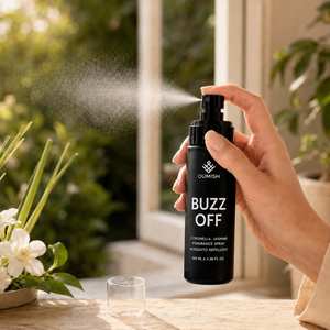 Buzz Off citronella and jasmine mosquito-repellent spray in action with white label text by Oumish