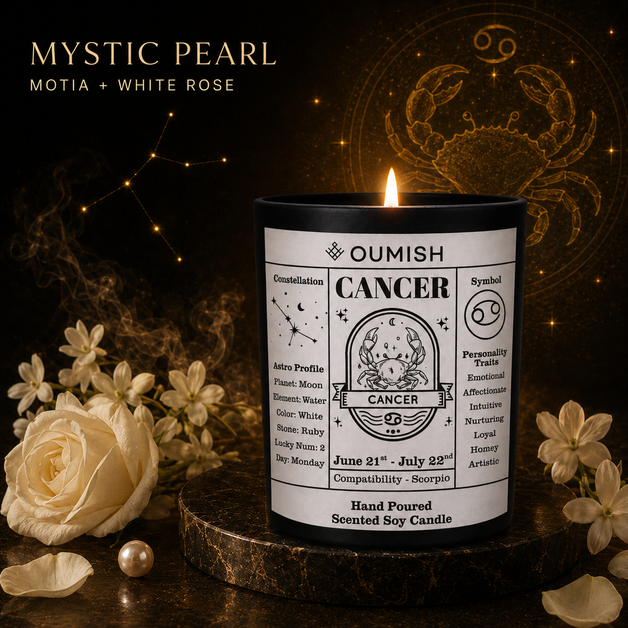 OUMISH Cancer Mystic Pearl candle with Motia and White Rose in the unified zodiac theme