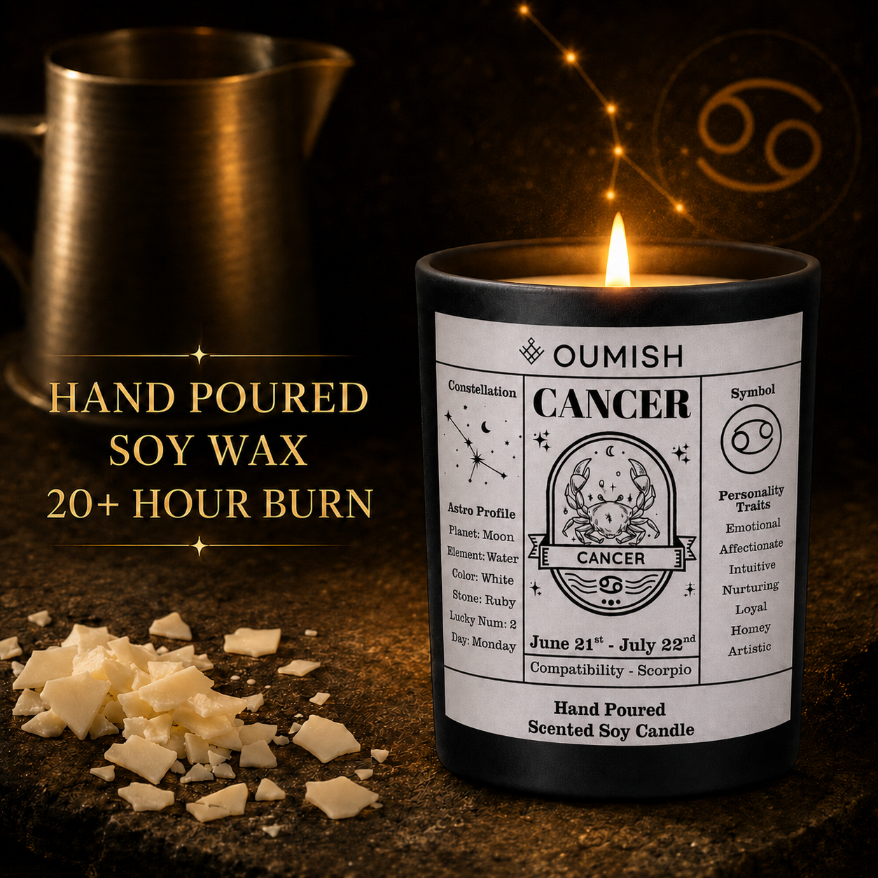 OUMISH Cancer hand poured soy wax candle in the unified black and gold theme