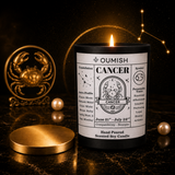 OUMISH Cancer zodiac candle premium display in the unified black and gold theme