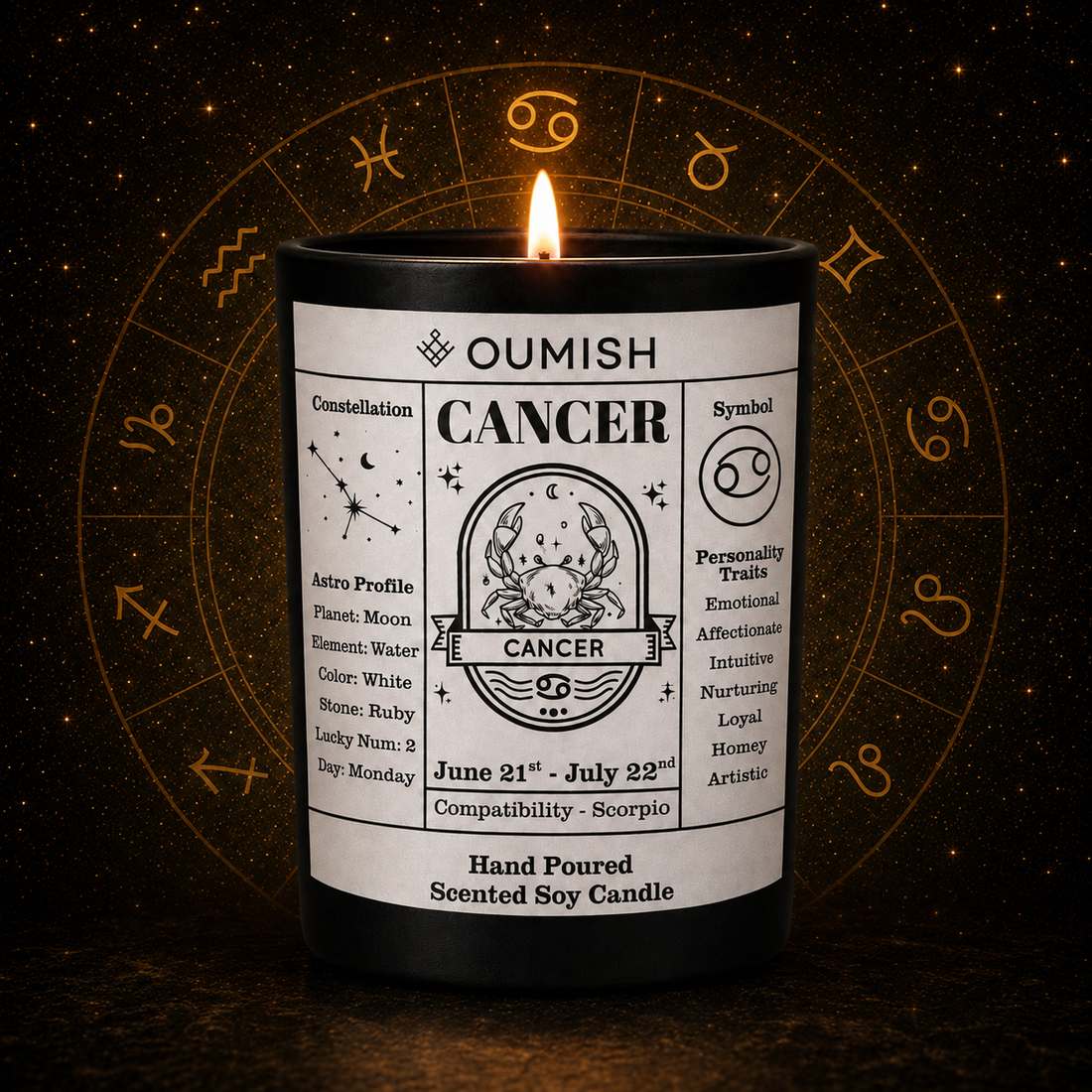 OUMISH Cancer zodiac candle hero in the unified black and gold celestial collection theme