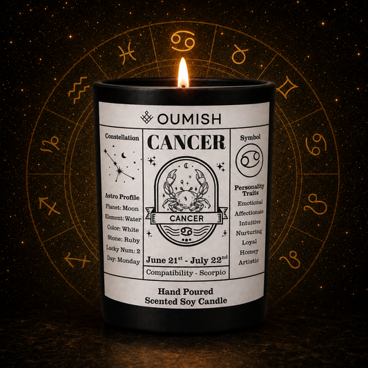 OUMISH Cancer zodiac candle hero in the unified black and gold celestial collection theme