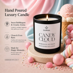 Candy Cloud hand-poured soy candle benefits: sweet aroma, clean burn and happy moments
