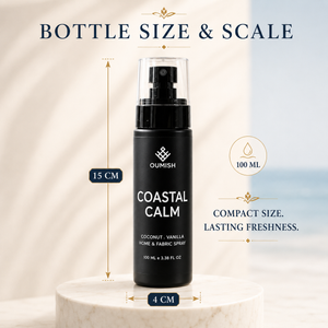 Coastal Calm 100 ml Home & Fabric Spray bottle size: 15 cm height and 4 cm width
