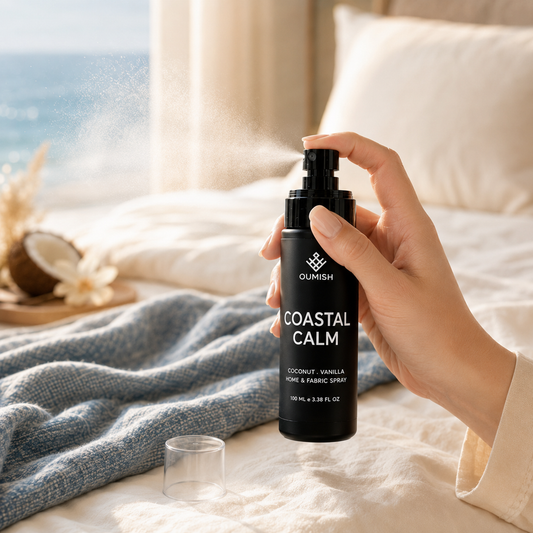 Coastal Calm coconut and vanilla Home & Fabric Spray in action by Oumish