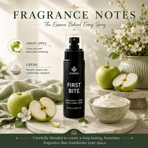 First Bite green apple and crème fragrance notes for Oumish Home & Fabric Spray