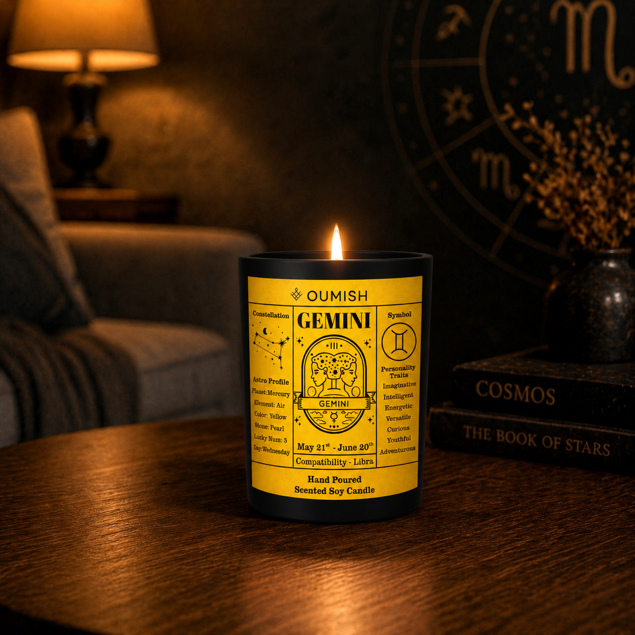 Oumish Gemini zodiac candle in a warm luxury lifestyle setting