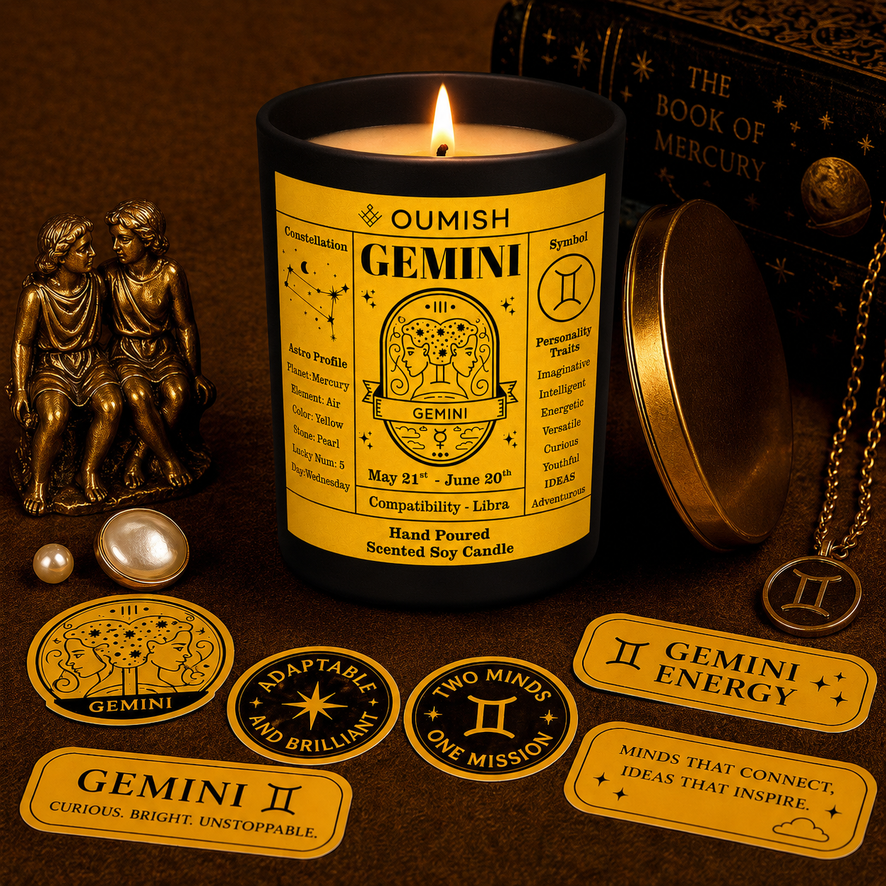 Oumish Gemini zodiac candle ritual scene with the correct tapered black jar