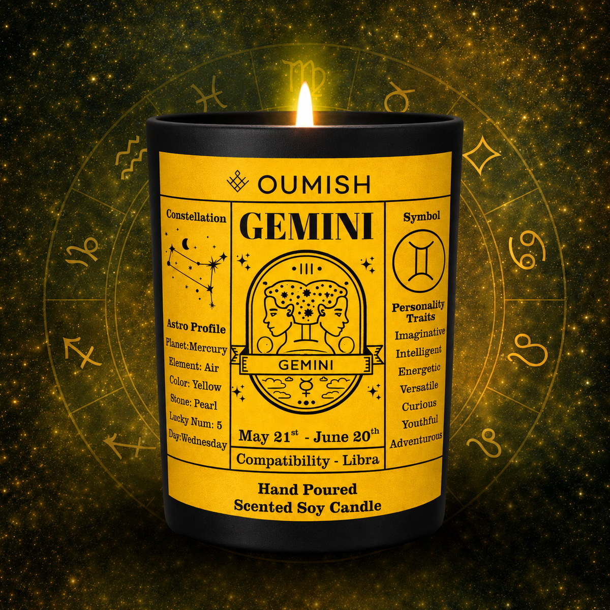 Oumish Gemini zodiac scented candle Sugar Cloud with the correct tapered black jar
