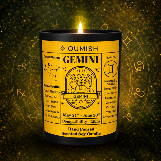 Oumish Gemini zodiac scented candle Sugar Cloud with the correct tapered black jar