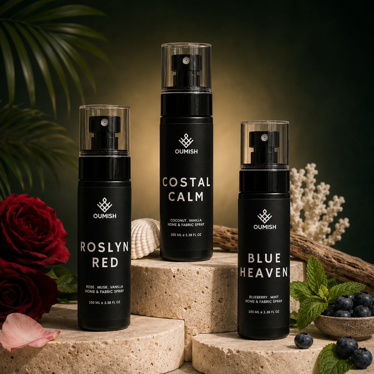 Oumish Home & Fabric Sprays collection featuring Coastal Calm, Roslyn Red and Blue Heaven
