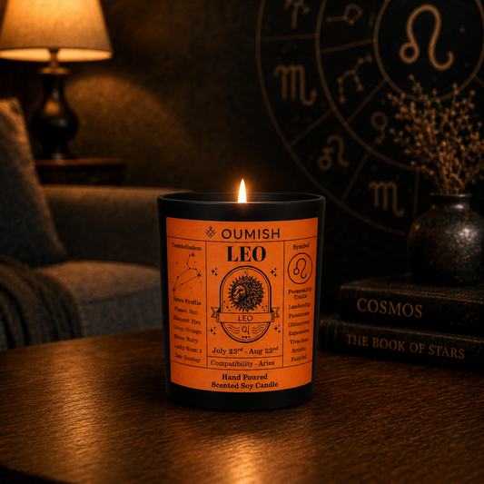 Oumish Leo zodiac candle in a warm luxury astrology lifestyle setting