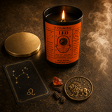 Oumish Leo zodiac candle ritual flat lay with lion medallion and plain gold lid